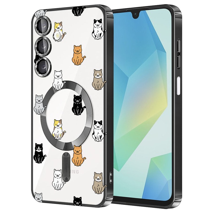 Husa BestCase® Luxury MagSafe, Compatibila Samsung Galaxy A55, Pisici desenate – model playful, Ultra-Soft, Margini metalizate, 1980206 MC Black 1027