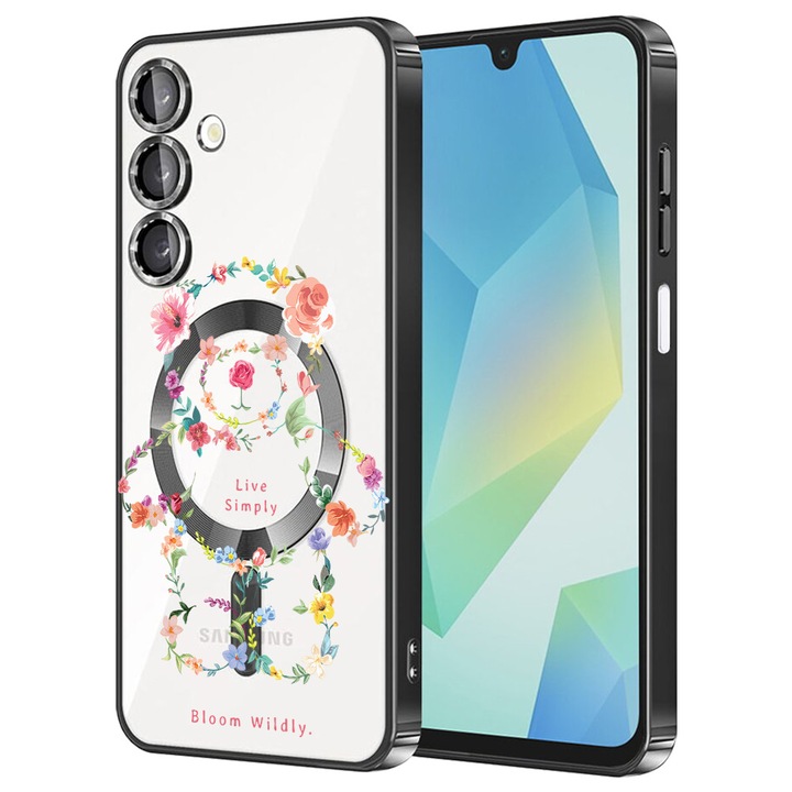 Husa BestCase® Luxury MagSafe, Compatibila Samsung Galaxy A55, Ursulet Teddy floral – Live Simply, Ultra-Soft, Margini metalizate, 1980206 MC Black 1555