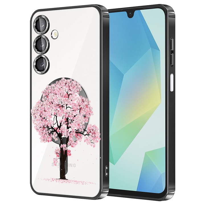 Husa BestCase® Luxury MagSafe, Compatibila Samsung Galaxy A55, Floare de cires – design elegant, Ultra-Soft, Margini metalizate, 1980206 MC Black 1833