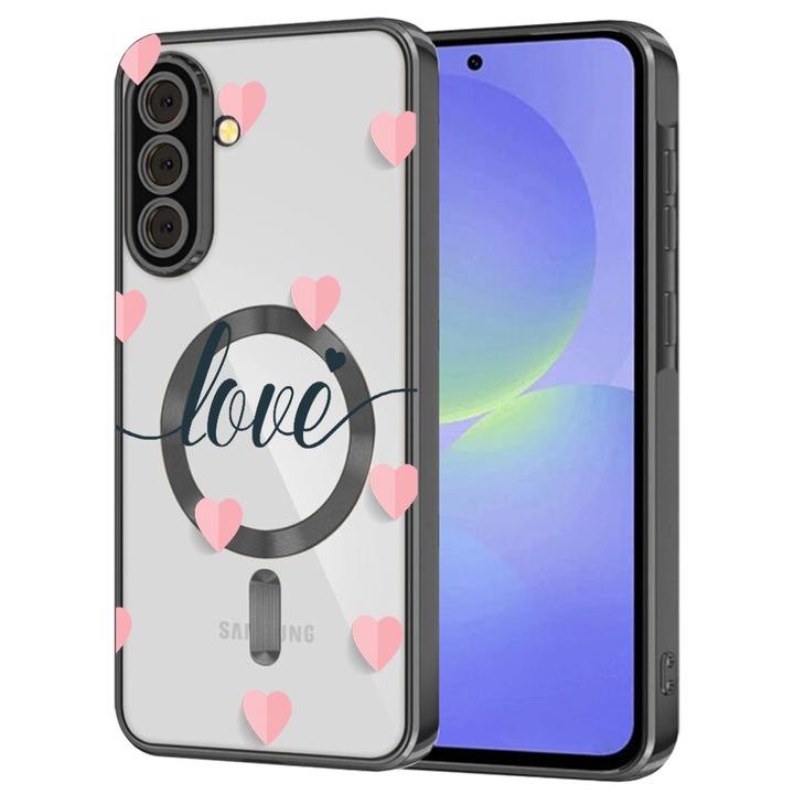 BestCase® Luxury MagSafe tok, kompatibilis Samsung Galaxy S24, Piros szívecskék – romantikus Love feliratos design, Ultra-Soft, Fém hatású élek, 1946085 MC Black 85