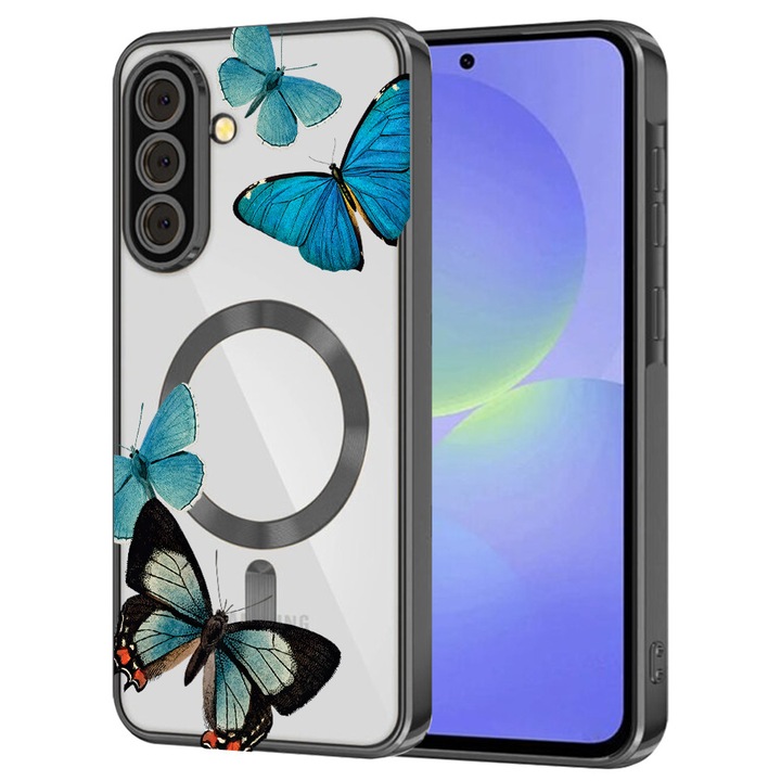 Husa BestCase® Luxury MagSafe, Compatibila Samsung Galaxy S25, Fluturi albastri, Ultra-Soft, Margini metalizate, 1946083 MC Black 991