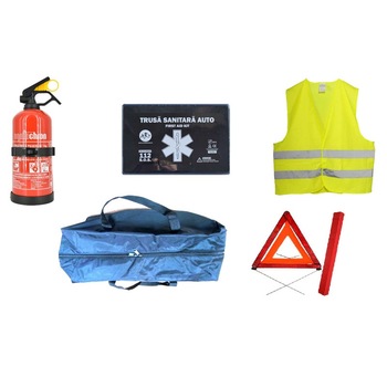 Kit siguranta auto certificat R.A.R. cu valabilitate 5 ani - 2 triunghiuri, trusa medicala,vesta,stingator + geanta depozitare cadou Kit siguranta auto certificat R.A.R. cu valabilitate 5 ani - 2 triunghiuri, trusa medicala,vesta,stingator + geanta depozitare cadou