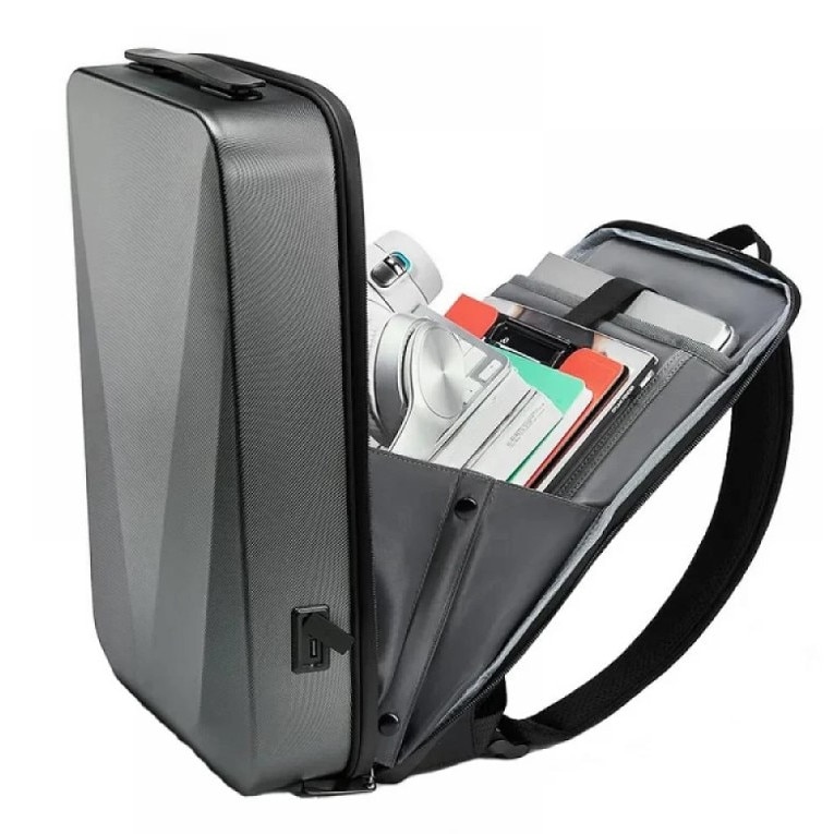 Rucsac Laptop Slim, 15.6 Inch, Impermeabil, Unisex, cu Carcasa din Plastic, Sistem Antifurt, Port Incarcare USB, Sistem Fixare pe Valiza, Multifunctional, Ergonomic, Gri, Satlink