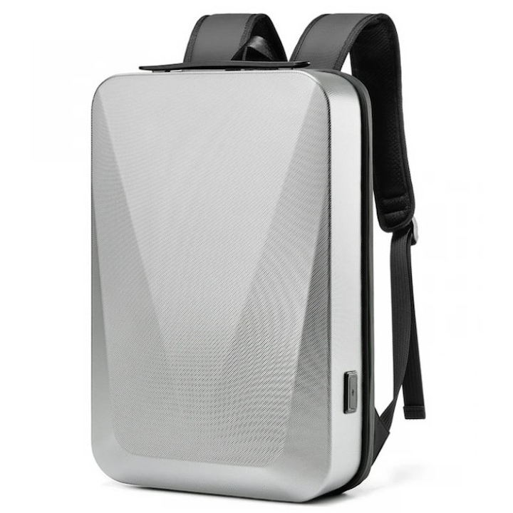 Rucsac Laptop Slim, 15.6 Inch, Impermeabil, Unisex, cu Carcasa din Plastic, Sistem Antifurt, Port Incarcare USB, Sistem Fixare pe Valiza, Multifunctional, Ergonomic, Gri, Satlink