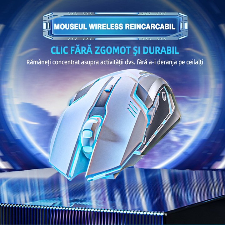 Безжична геймърска мишка, Yulinland, Регулируема 1200/1600/2400DPI, Акумулаторна, Ергономична, Без звук, USB приемник, Преносима, Бяла