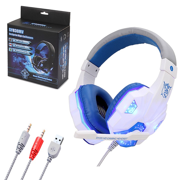 Yulinland professzionális gamer headset, zajszűrő mikrofon, puha párnák, LED fény, 3,5 mm-es jack, ergonomikus kialakítás, PC-hez, kék/fehér