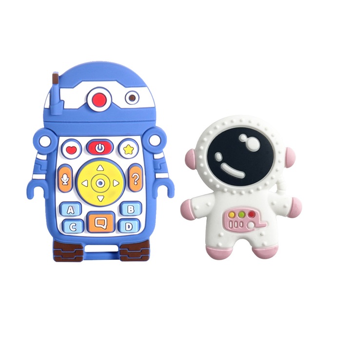 Rágókás játék szett, szilikon, 3 hónapos kortól, BPA-mentes, könnyen tisztítható, kék / rózsaszín, 2 részes