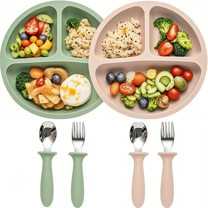 Силиконов комплект за хранене на бебета, Infinitara, 6 части, включва 2 тави за хранене, 2 комплекта лъжици и вилици, без алергени, розов/зелен