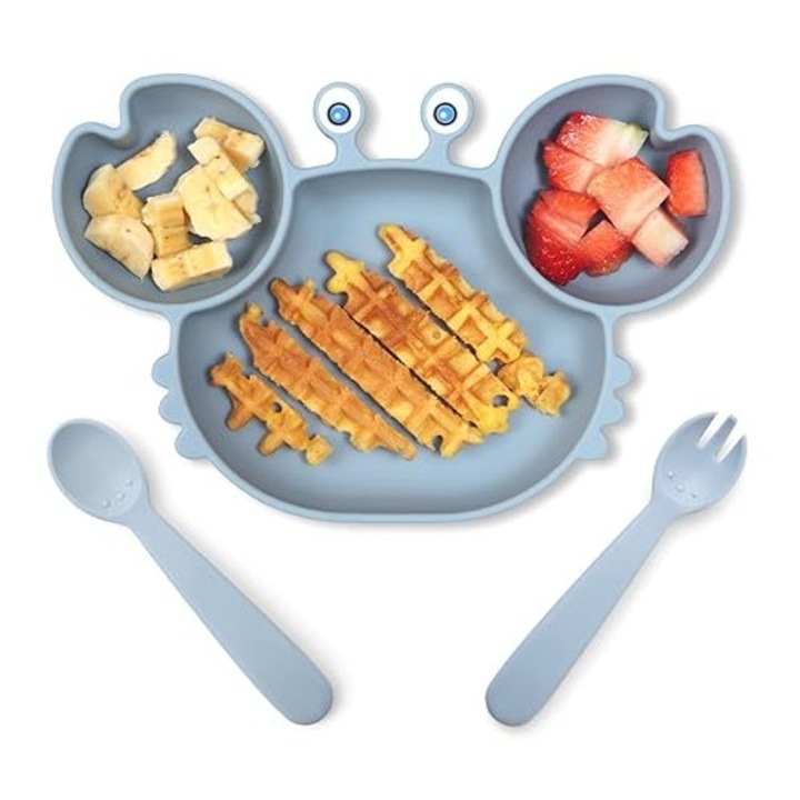 Комплект за хранене от 3 части за бебета, включва 1 тава за хранене, 1 комплект лъжици и вилици, без алергени, син