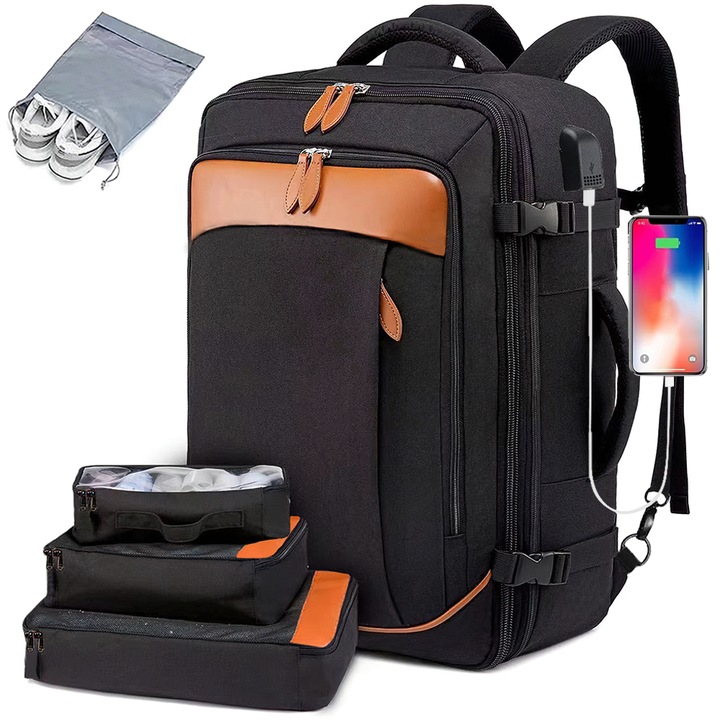 Rucsac Travel, Rivinan, Expandabil, Impermeabil, Ideal pentru Zboruri - Compatibil Cabina Avion, Ghiozdan Multifunctional, cu Port de Incarcare USB, Buzunare Multiple, Capacitate Mare, 40L, Material de Nylon, 32.3x15.8x50.8 CM, Negru