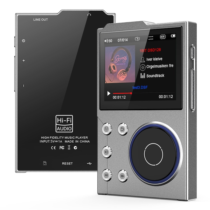 MP3 lejátszó, Bluetooth, 16 GB + 32 GB, 2,4 hüvelykes TFT HD képernyő, FM, TF kártya támogatás, USB 3.0, 3,5 mm-es audio jack, 1500 mAh, felvételi funkció, kompakt és hordozható, metálszürke