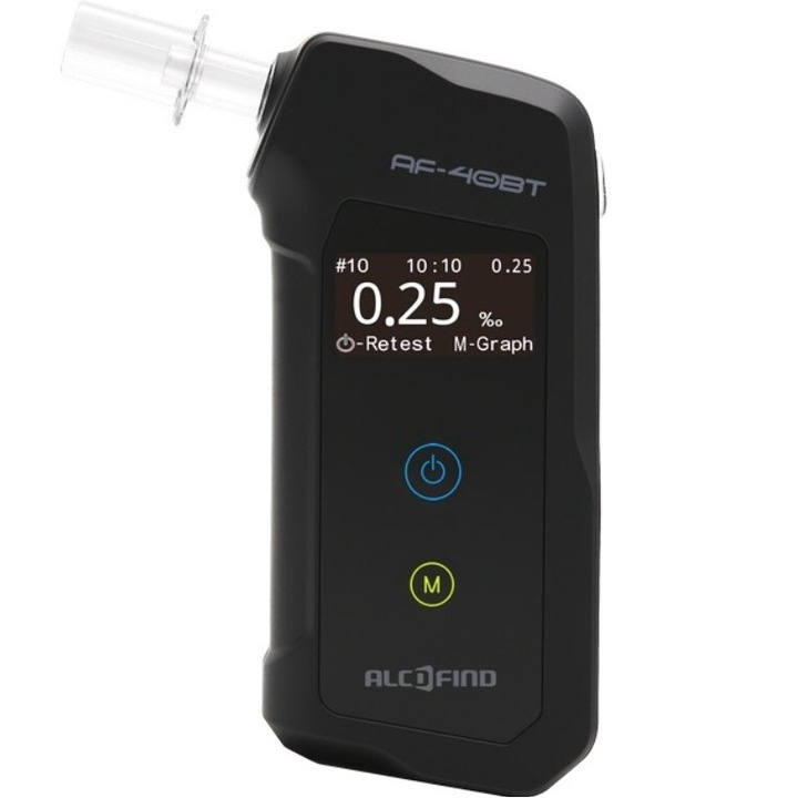 Алкотестер AlcoFind AF-40BT, Bluetooth връзка, електрохимичен сензор, 54x116x23 мм, 90 г