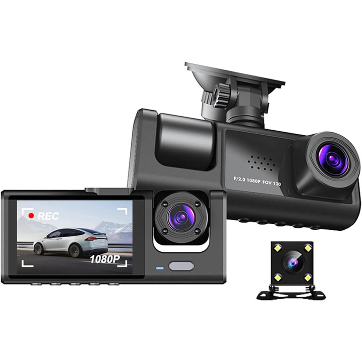 EMATTERIO® Тройна автомобилна камера, 1080P Full HD видеорегистратор, 170° панорамен изглед с 3 обектива, HD нощно виждане, непрекъснат запис, G-сензор, цикличен запис, детектор на движение, изглед