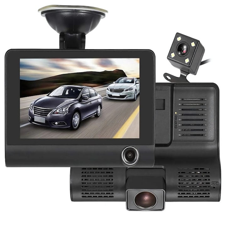 EMATTERIO® Пълна система за автомобилно видеонаблюдение – 3-в-1 DVR с едновременно записване на закрито/на открито, Full HD резолюция, защита от неочаквани събития, функция против сблъсък, 24/7 наблюдение, 4” екран за ясна видимост