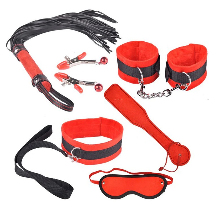 Set fetish/BDSM din 7 piese, cu material moale si imitatie piele, Rosu, TOY149-3