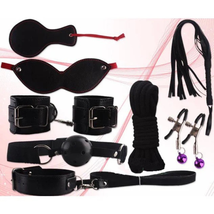 Set 9 piese accesorii fetish/BDSM din imitatie piele, Negru, TOY70-1
