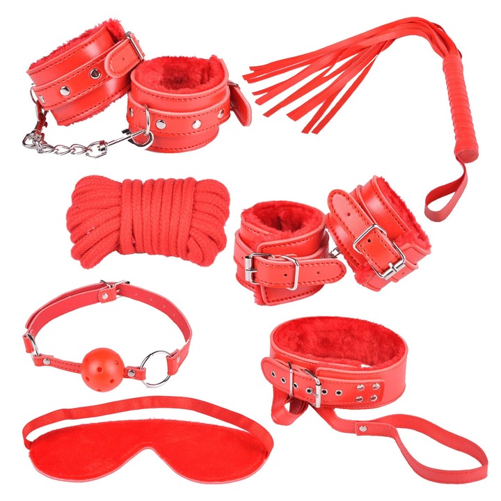 Set 8 piese fetish/BDSM din piele ecologica, Rosu, TOY180-3