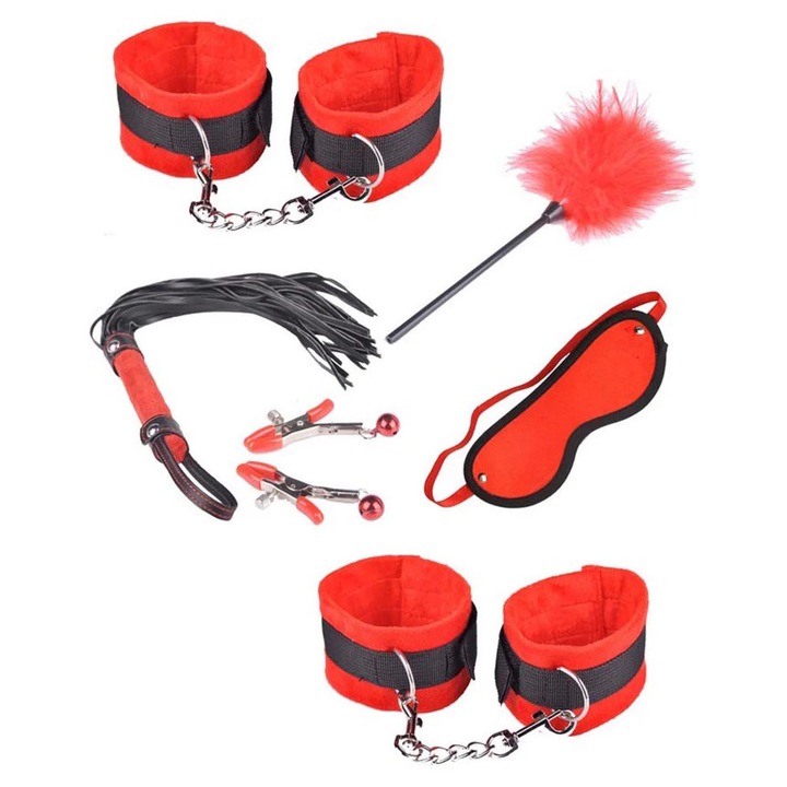 Set fetish/BDSM din 6 piese cu material textil si imitatie piele, Rosu, TOY150-3