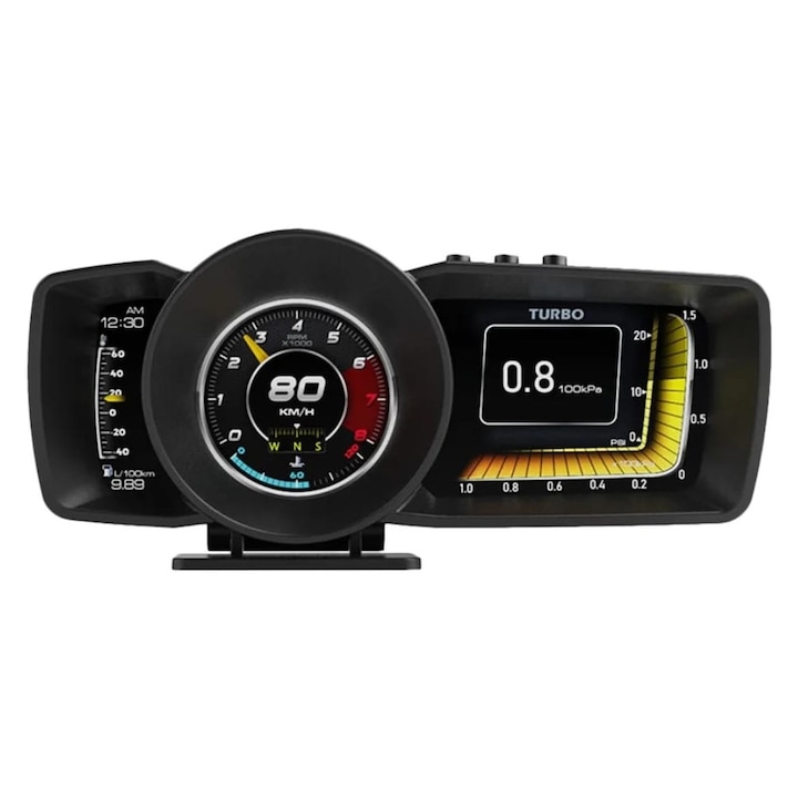 AutoREY® PRO autódiagnosztikai eszköz, OBD2 GPS-szel és HUD típusú kijelzővel, Boost Clock és Turbo Pressure, Műszerfalra vagy szélvédőre, Plug & Play telepítés, Kiterjesztett kompatibilitás, Digitális kijelző, Fekete szín
