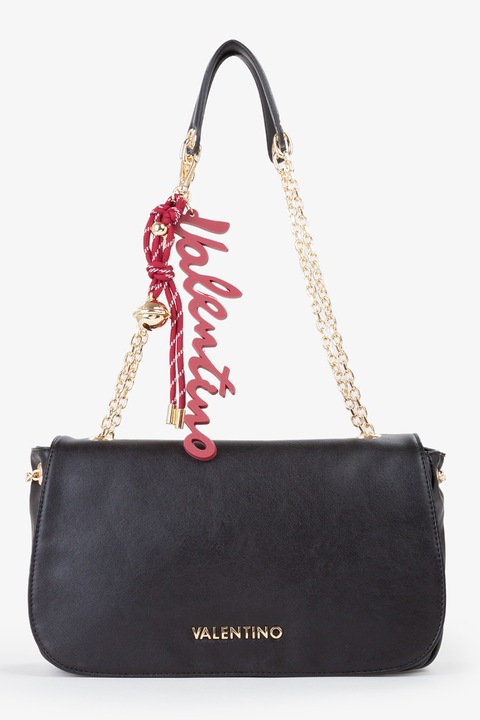 Valentino Bags, Geanta crossbody cu clapa si logo metalic, Gri inchis