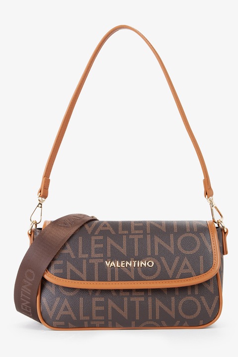 Valentino Bags, Geanta de piele ecologica cu bareta de umar cu logo, Maro inchis, Maro scortisoara, Maro deschis