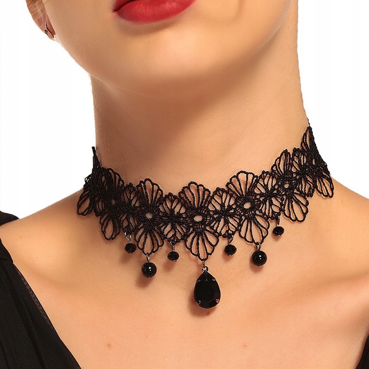 Choker gotic cu dantela, negru, lungime ajustabila