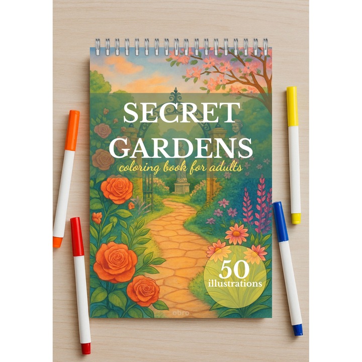 Secret Gardens, Carte de Colorat pentru Adulti, Relaxare, Antistres, Linii Realiste, 50 Ilustratii Diferite, 100 Pagini, A5