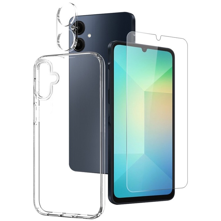 Set Carcasa Transparenta, Protector de Ecran din Sticla si Protector de Camera pentru Samsung Galaxy A06, Transparent