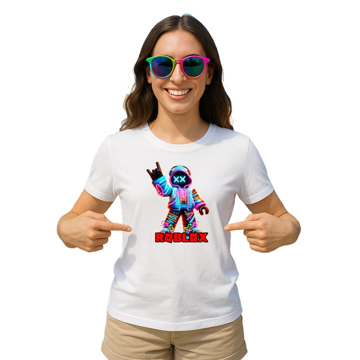 Tricou dama personalizat cu Roblox Blaster Pixelat, din bumbac 100%, Cri-Flo, Culoare Alb, Marime XS