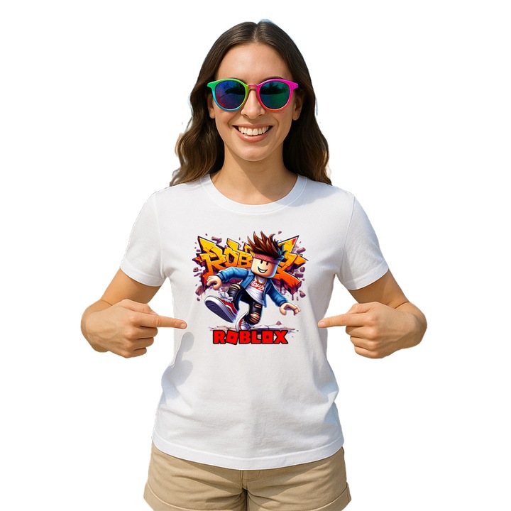 Tricou dama personalizat cu Roblox Blaster Pixelat One, din bumbac 100%, Cri-Flo, Culoare Alb, Marime 2XL