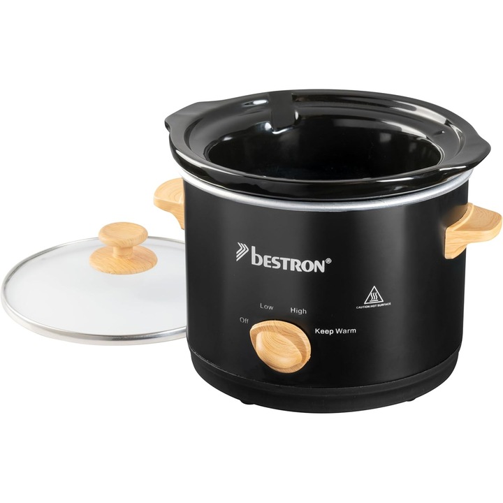 Multicooker Bestron Black&Wood Collection, 1.5 L, termostat cu 3 nivele, capac din sticla, oala ceramica, Negru
