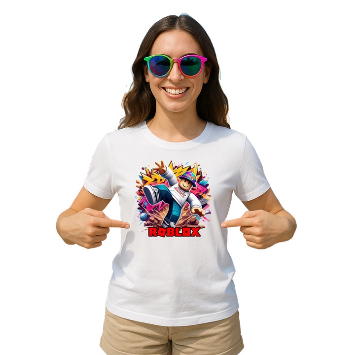 Tricou dama personalizat cu Roblox Robotul Blaster, din bumbac 100%, Cri-Flo, Culoare Alb, Marime XS