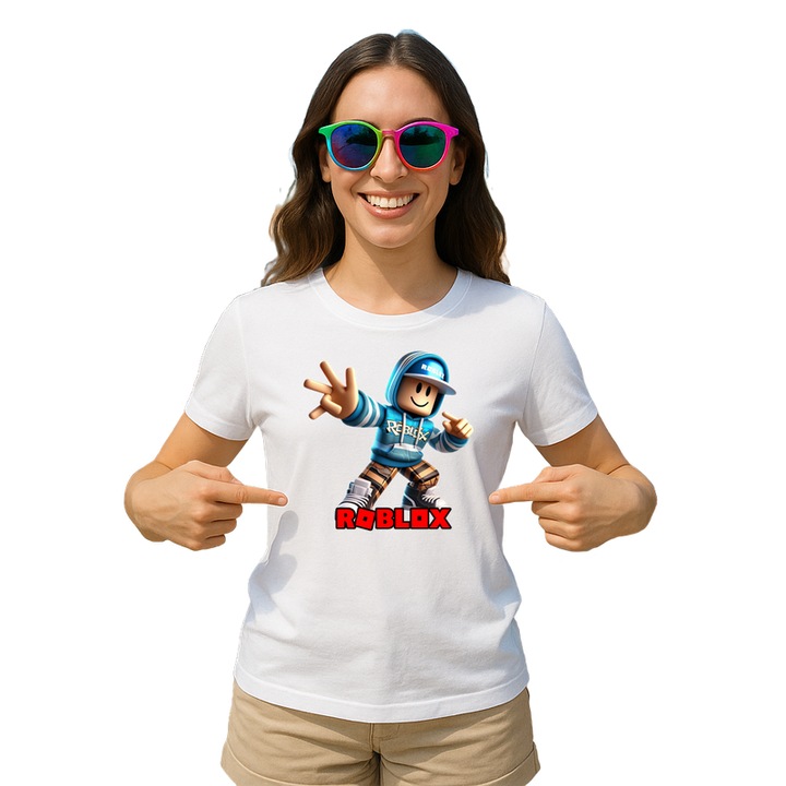 Tricou dama personalizat cu Roblox Robotul Spartan, din bumbac 100%, Cri-Flo, Culoare Alb, Marime XS