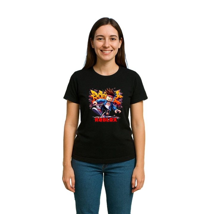Tricou dama personalizat cu Roblox Blaster Pixelat One, din bumbac 100%, Cri-Flo, Culoare Negru, Marime 2XL