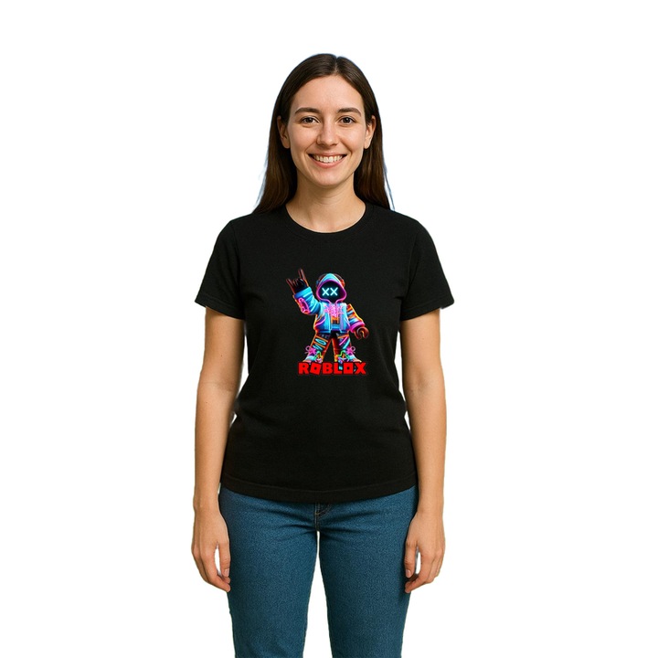 Tricou dama personalizat cu Roblox Blaster Pixelat, din bumbac 100%, Cri-Flo, Culoare Negru, Marime XS