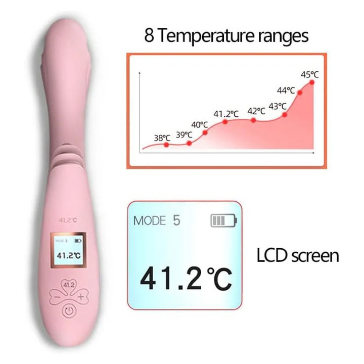Двоен вибратор, „зайче“, С електронен дисплей и отопление, Розов, TOY521-5
