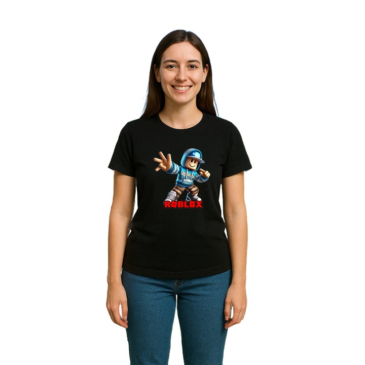 Tricou dama personalizat cu Roblox Robotul Spartan, din bumbac 100%, Cri-Flo, Culoare Negru, Marime M