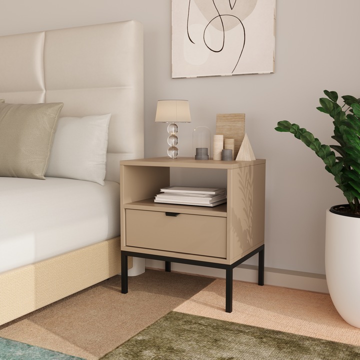 Noptiera WENA, 1 sertar si raft, pe un cadru metalic Aura, 50x58x40 cm, Cappuccino