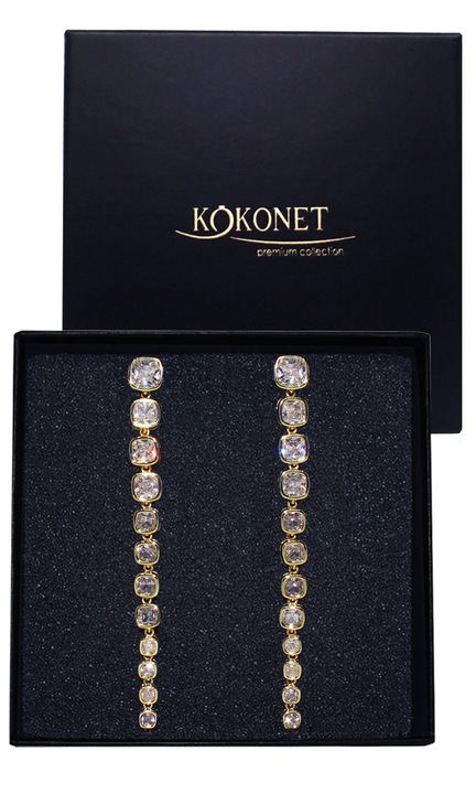 Cercei lungi aurii de efect, decorati cu swarovski, pandantivi, bijuterie de nunta, cercei aurii de nunta cu cristale, stralucitori, moderni