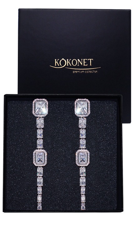 Impozáns gyémánt fülbevalók, csillogó cirkóniák, hosszú, esküvői, hosszú ezüst fülbevalók kristályokkal, luxus ékszerek