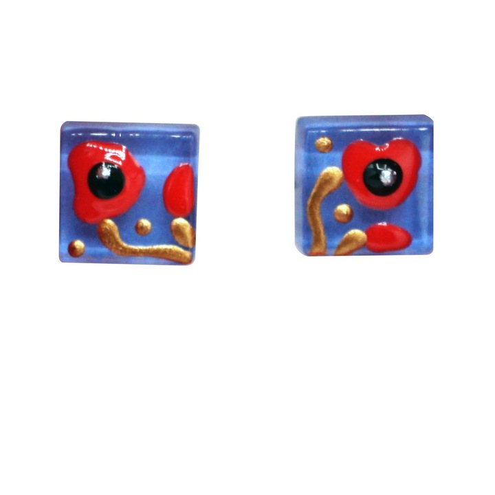 Cercei pictati manual pe sticla, Maci rosii, Regalo, 1 cm