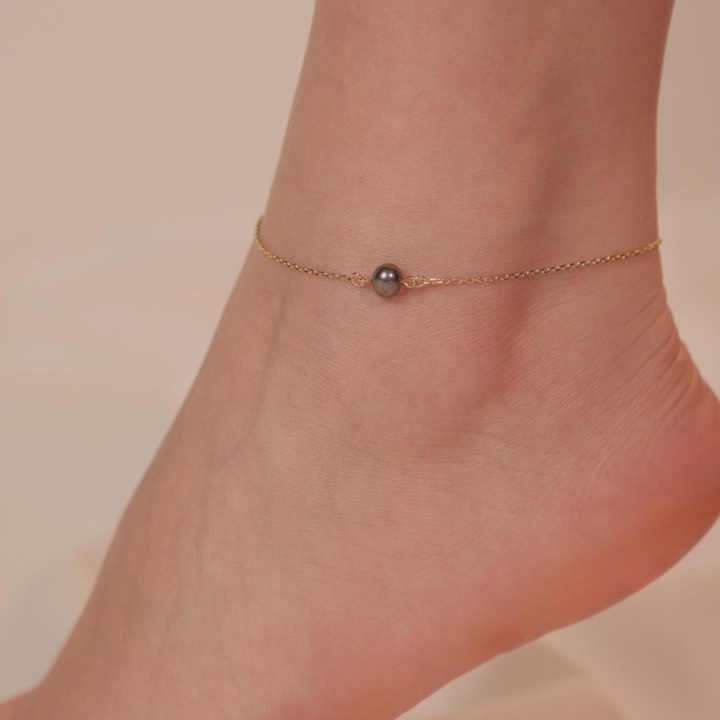 Bratara de picior din argint placat cu aur, perla neagra de cultura, 22-27 cm