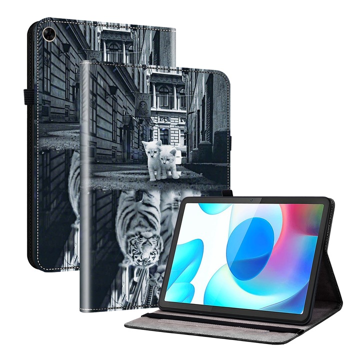 Realme Pad 10.4 tablet tok, kristálytextúrájú festett bőr, mágneses borítás, állvánnyal, tigristükör mintázat, sötétkék