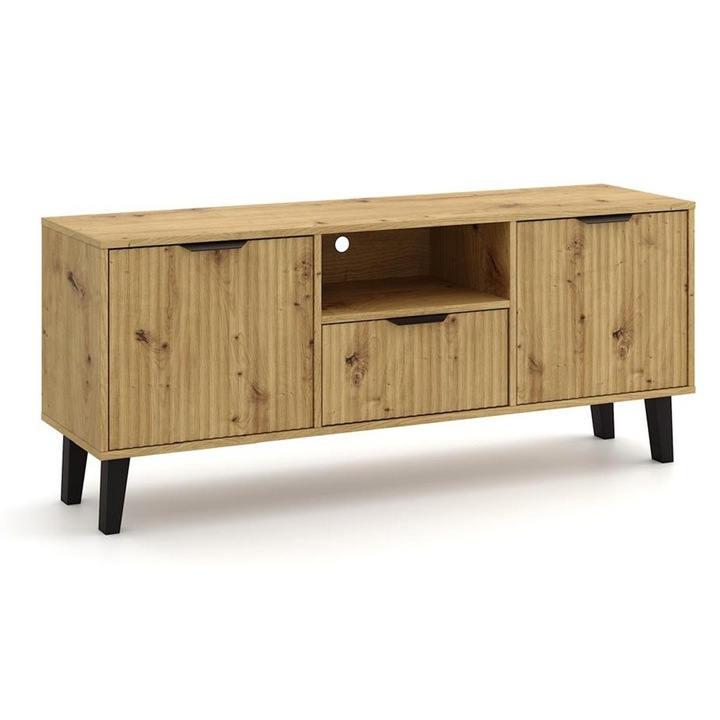 Slim 2D1S RTV szekrény, modern dizájn, barázdált frontok, artisan tölgy szín, méretek 15x40x100cm