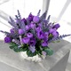 Aranjament floral cu flori artificiale de lavanda si trandafiri lila violet, Dady, vas ceramica alb, dimensiuni aranjament 16x17 cm