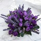 Aranjament floral cu flori artificiale de lavanda si trandafiri lila violet, Dady, vas ceramica alb, dimensiuni aranjament 16x17 cm