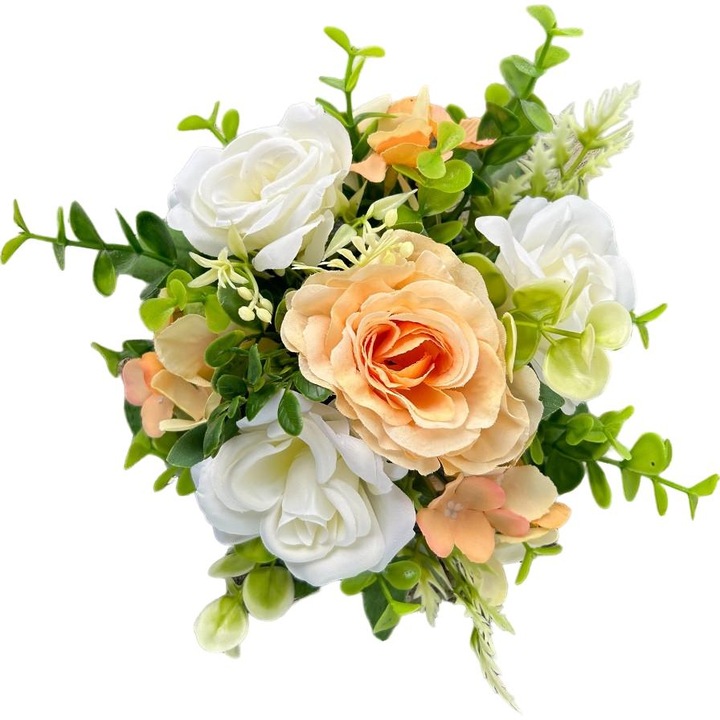 Aranjament floral din flori artificiale albe si somon, Dady, 17x15 cm, cu trandafiri si hortensia, in vas ceramic alb