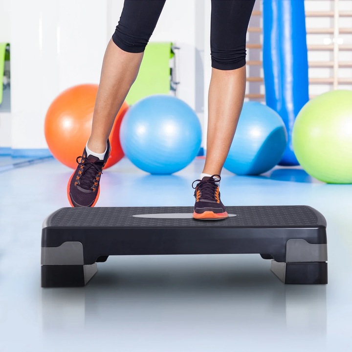 Step Fitness tábla, állítható magasság 10/15 cm, csúszásmentes, 150 kg teherbírás, fekete