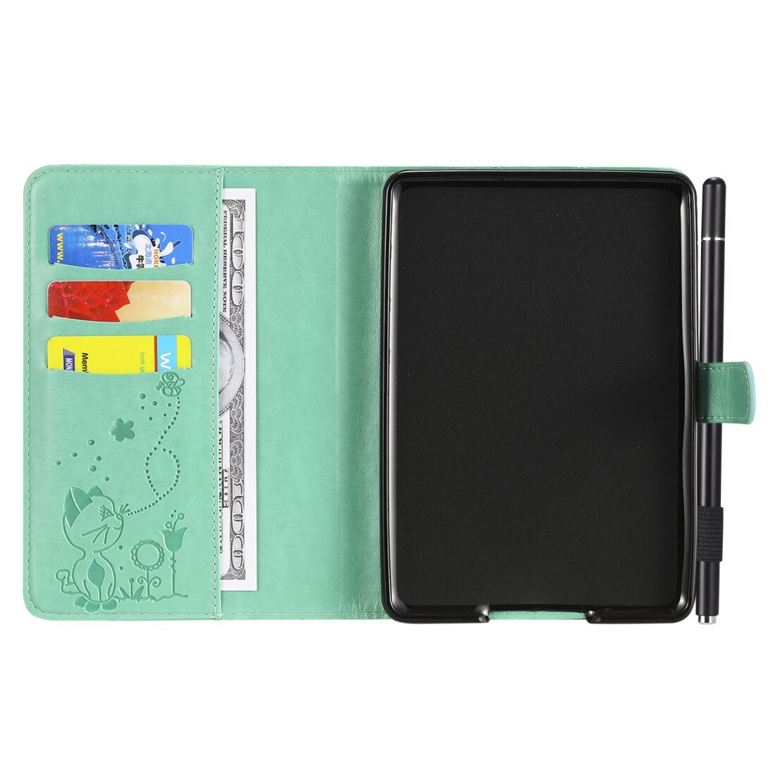 Husa tableta pentru Amazon Kindle Paperwhite 4 (2018) / 3 / 2 / 1, model Cat Bee Relief, protectie impotriva socurilor, tip carte orizontal, piele cu sloturi pentru carduri si portofel, pentru creion si functie de somn / trezire (verde)