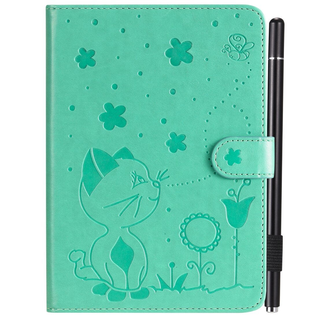 Husa tableta pentru Amazon Kindle Paperwhite 4 (2018) / 3 / 2 / 1, model Cat Bee Relief, protectie impotriva socurilor, tip carte orizontal, piele cu sloturi pentru carduri si portofel, pentru creion si functie de somn / trezire (verde)